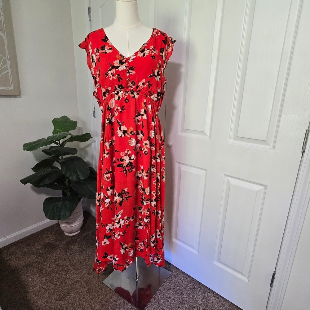 Jessica Simpson Maxi Dress Womens XL Red Floral Empire Waist High Low Sleeveless